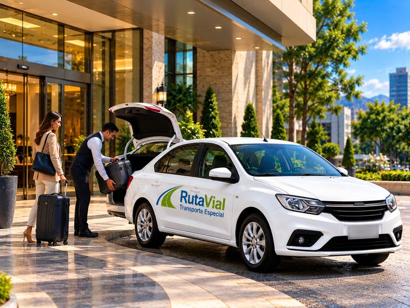 Conductor de RutaVial sube la maleta de una huésped al carro frente a la entrada de un hotel.