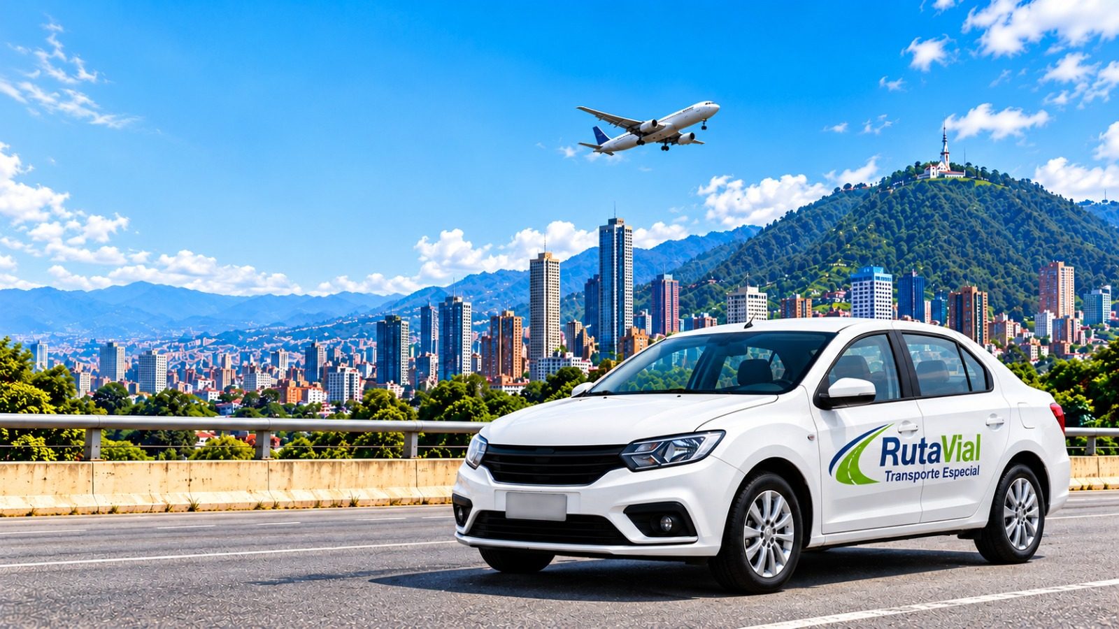 Carro blanco con el logo de RutaVial en una vía de Bogotá, con edificios, el cerro de Monserrate y un avión en el cielo.