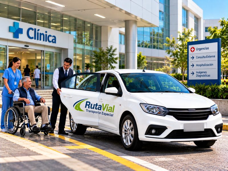 Conductor de RutaVial junto al carro a la entrada de una clínica, mientras una enfermera acompaña a un paciente en silla de ruedas.